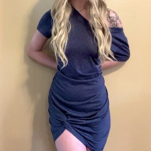 •knee length•tee shirt dress•dark washed navy blue•v neck•